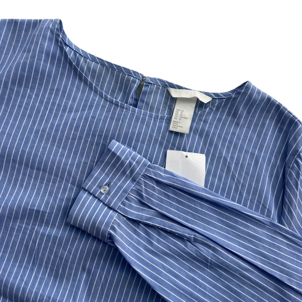 H&M Women's 12 Blue White Stripe Modal Blend Tie Front Long Sleeve Blouse Preppy